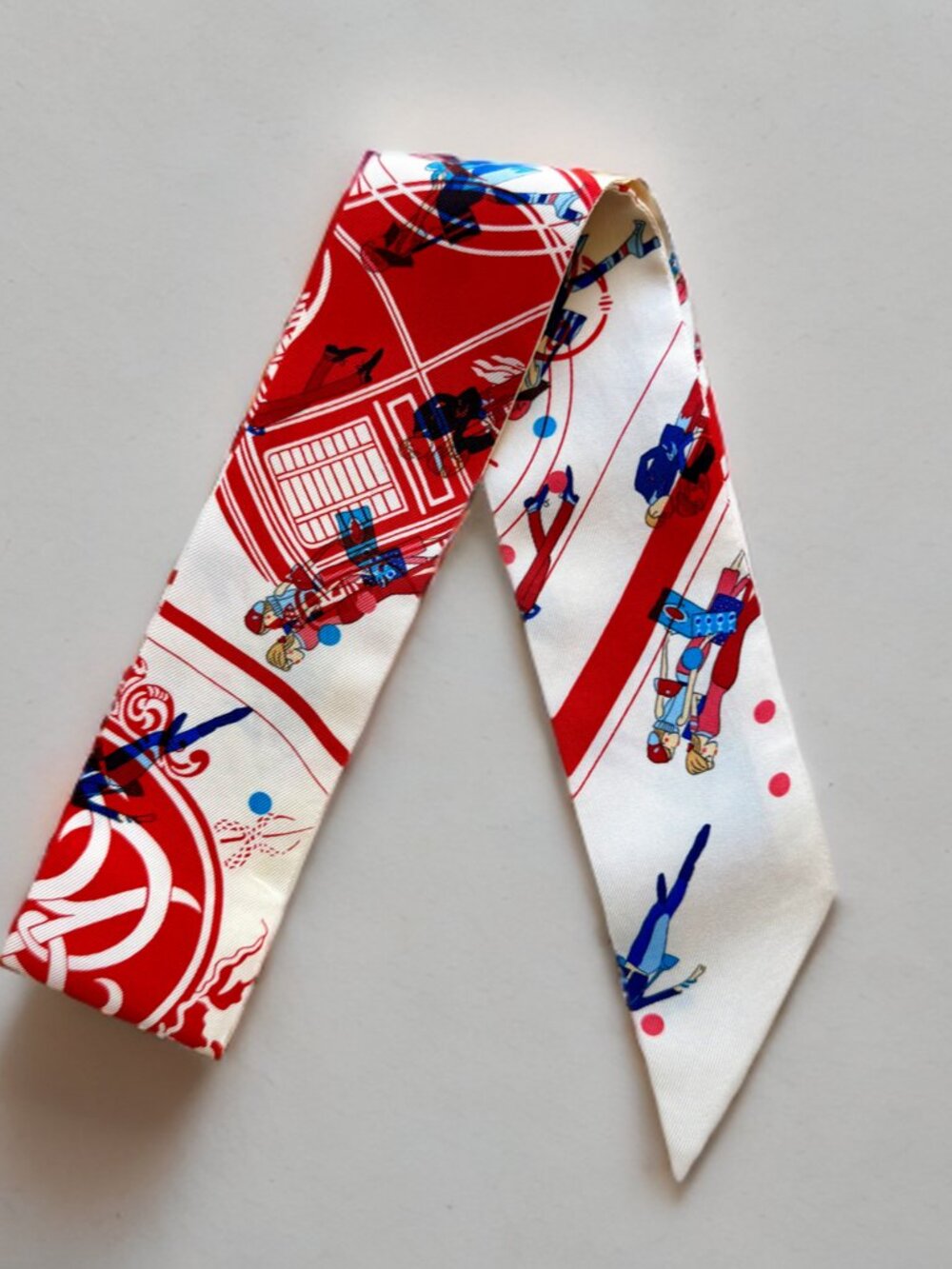 Hermes Red White Exlibris Parisienne Silk Twilly - Picture 5 of 7